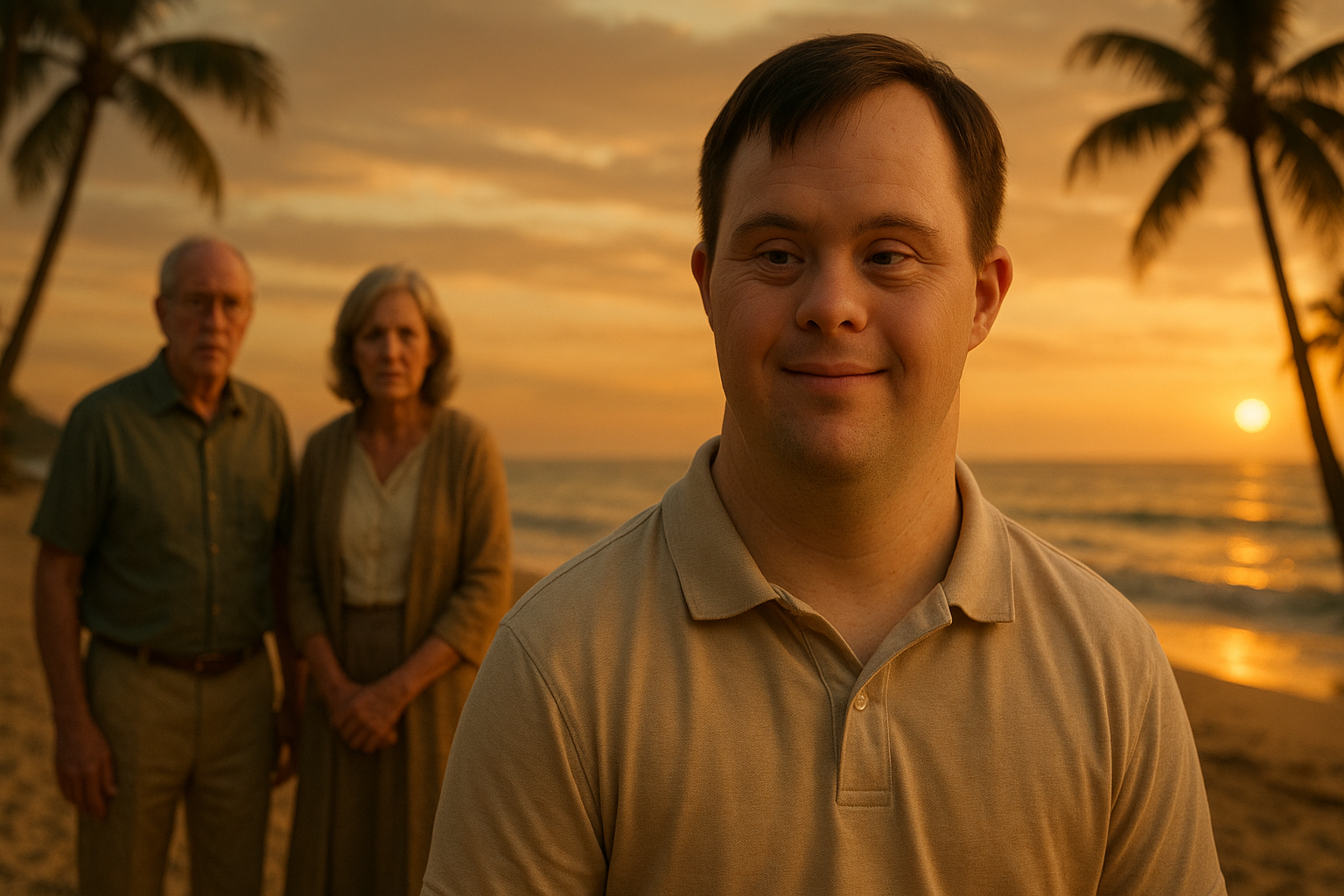 Smiling young man with Down syndrome in foreground, with concerned parents in background at sunset beach, representing family support for children with special needs.