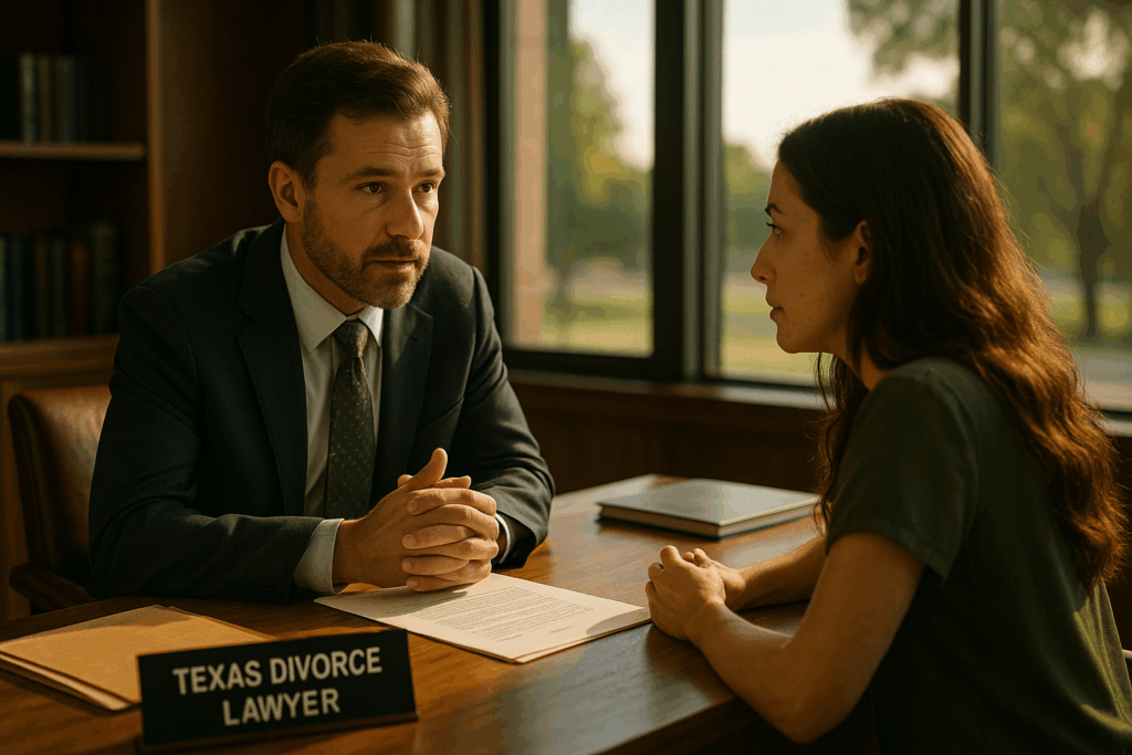 A knowledgeable Texas divorce lawyer consulting with a client about international divorce issues.