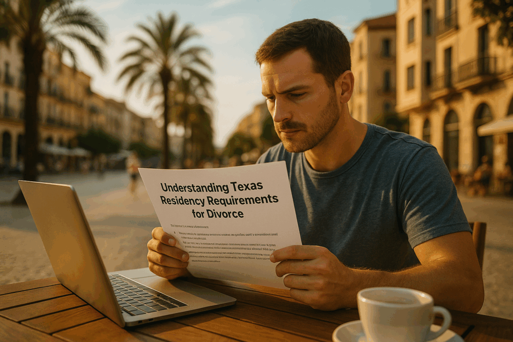 A person reviewing Texas residency requirements for divorce while living abroad.