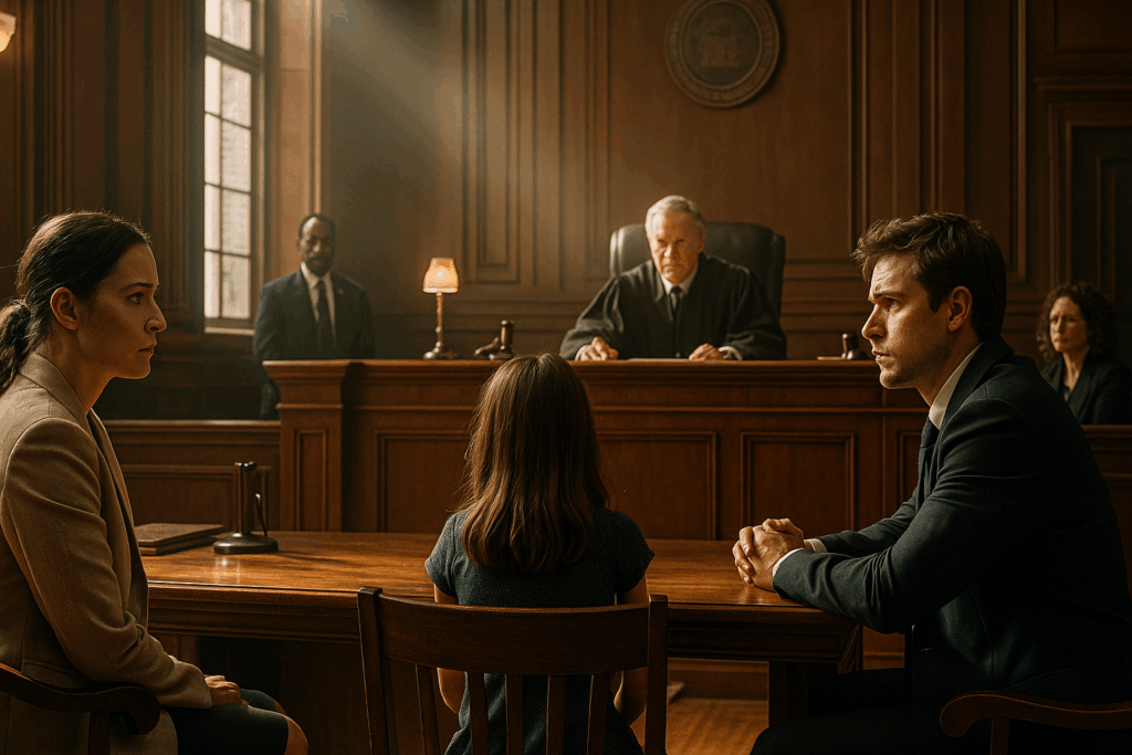 A tense courtroom scene depicting a custody battle, highlighting the high-stakes nature of custody cases.