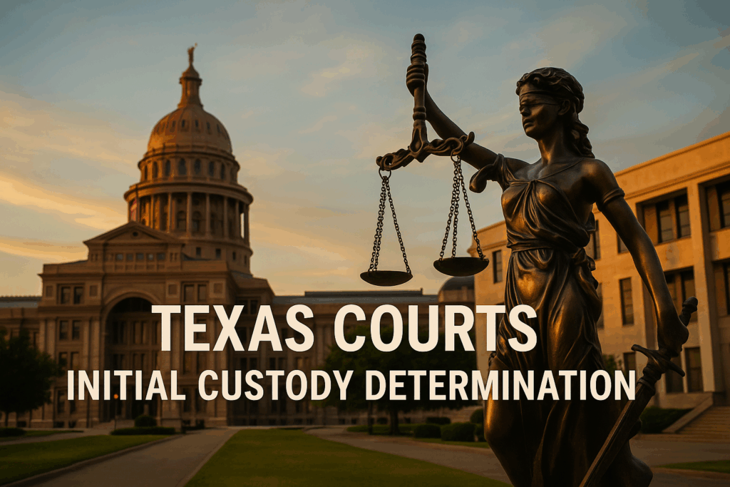 A visual representation of how Texas courts establish custody jurisdiction, featuring terms like 'texas courts' and 'initial custody determination'.