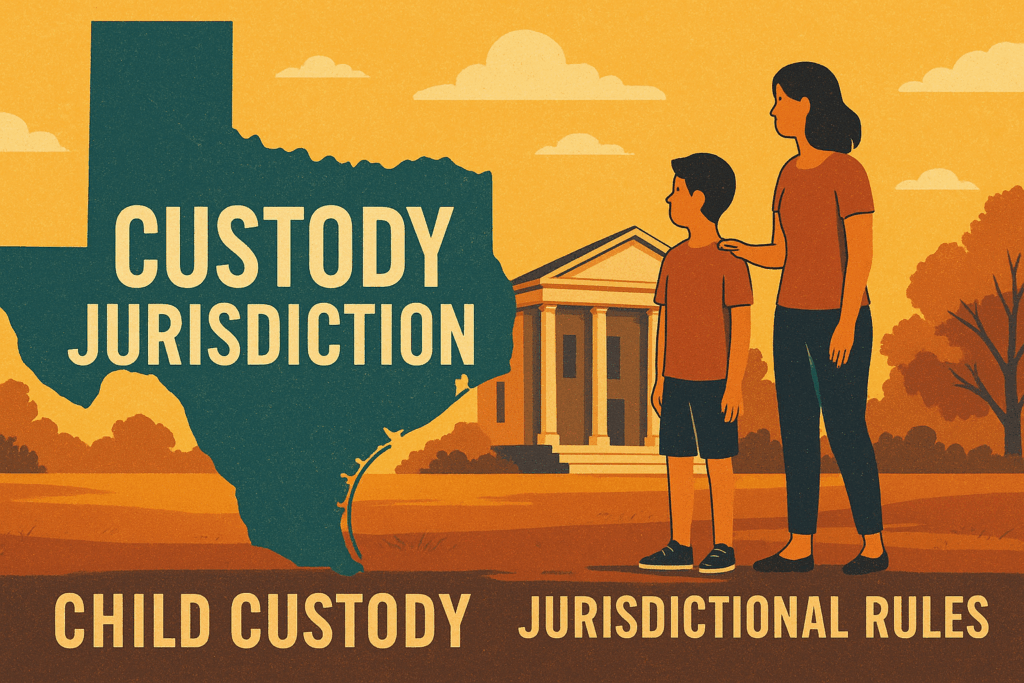 An illustration depicting the concept of custody jurisdiction in Texas, highlighting key terms such as 'child custody' and 'jurisdictional rules'.