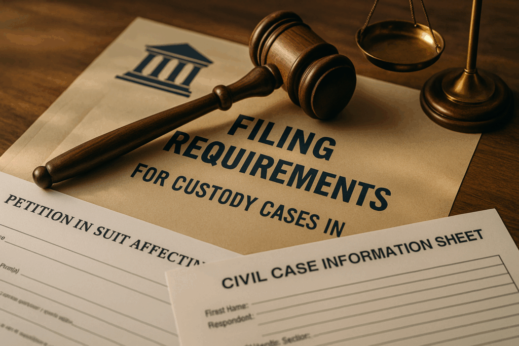 An illustration of filing requirements for custody cases in Texas, including legal documents and court symbols.