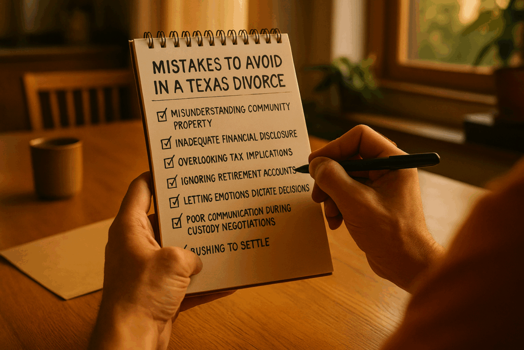 A checklist illustrating common mistakes to avoid during a Texas divorce, emphasizing practical advice. Common Mistakes in Texas Divorce