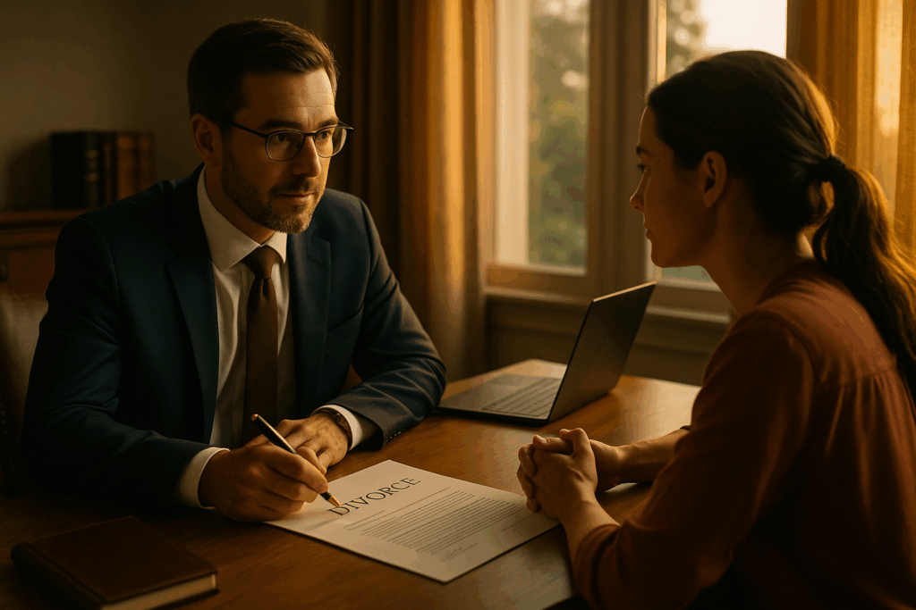 A collaborative scene between a client and a divorce attorney, symbolizing the partnership with legal professionals.
