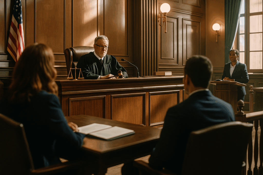 A courtroom scene emphasizing the importance of correct venue in custody matters.