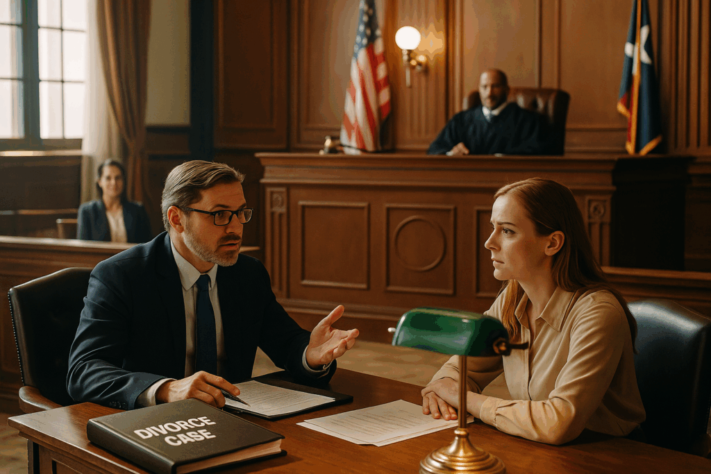 A courtroom scene where an attorney is representing a client in a divorce case.