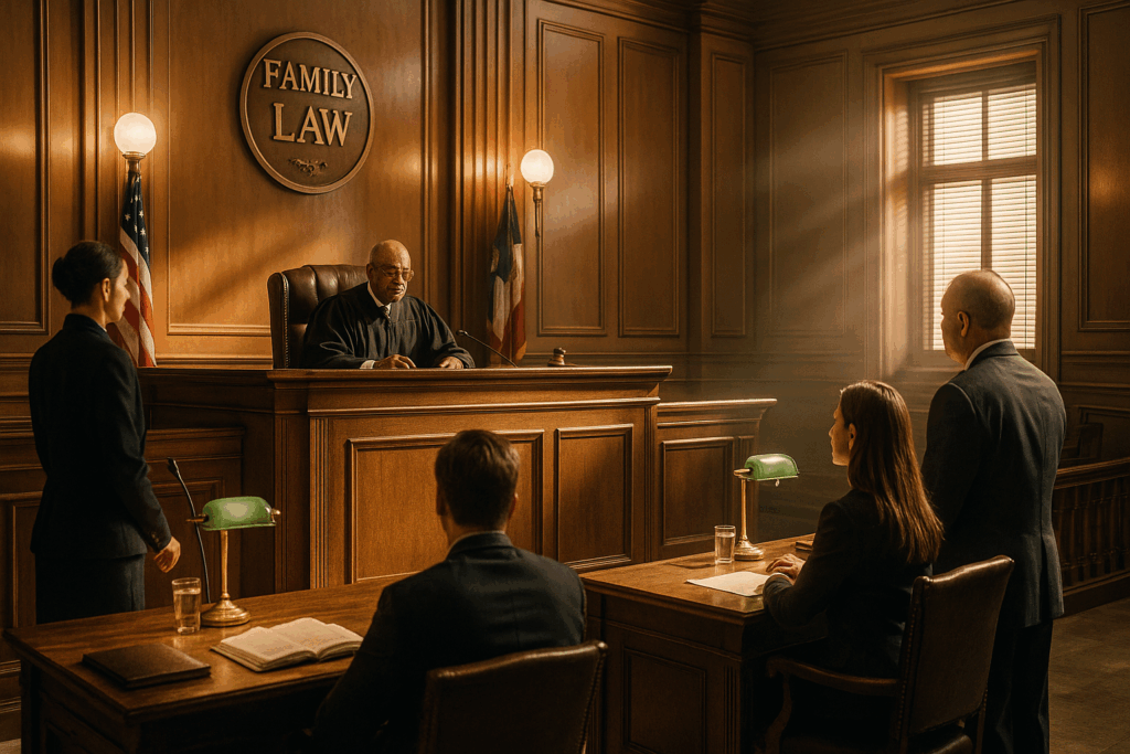 A courtroom scene with a judge presiding over a family law case.