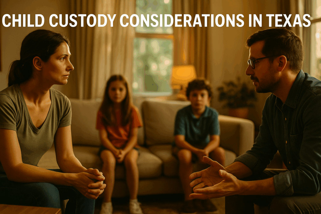 A depiction of child custody considerations in Texas, with parents and children involved.