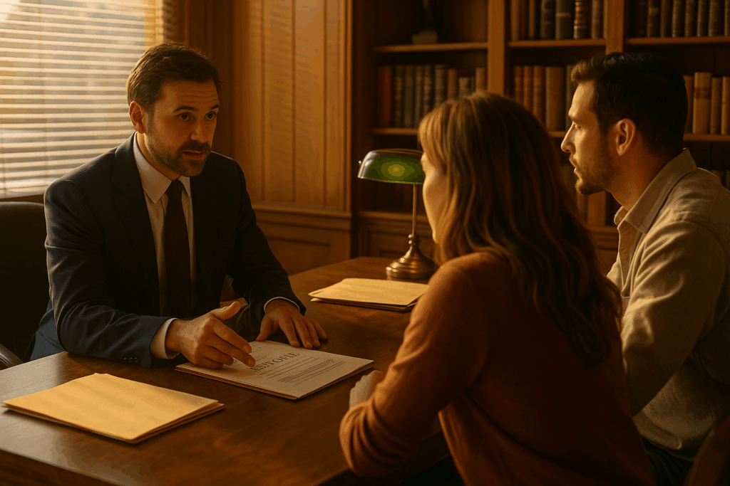 A divorce lawyer explaining core services to a couple seeking divorce help.