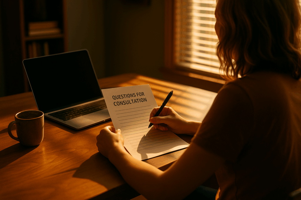 A person preparing questions for a consultation with a divorce attorney.