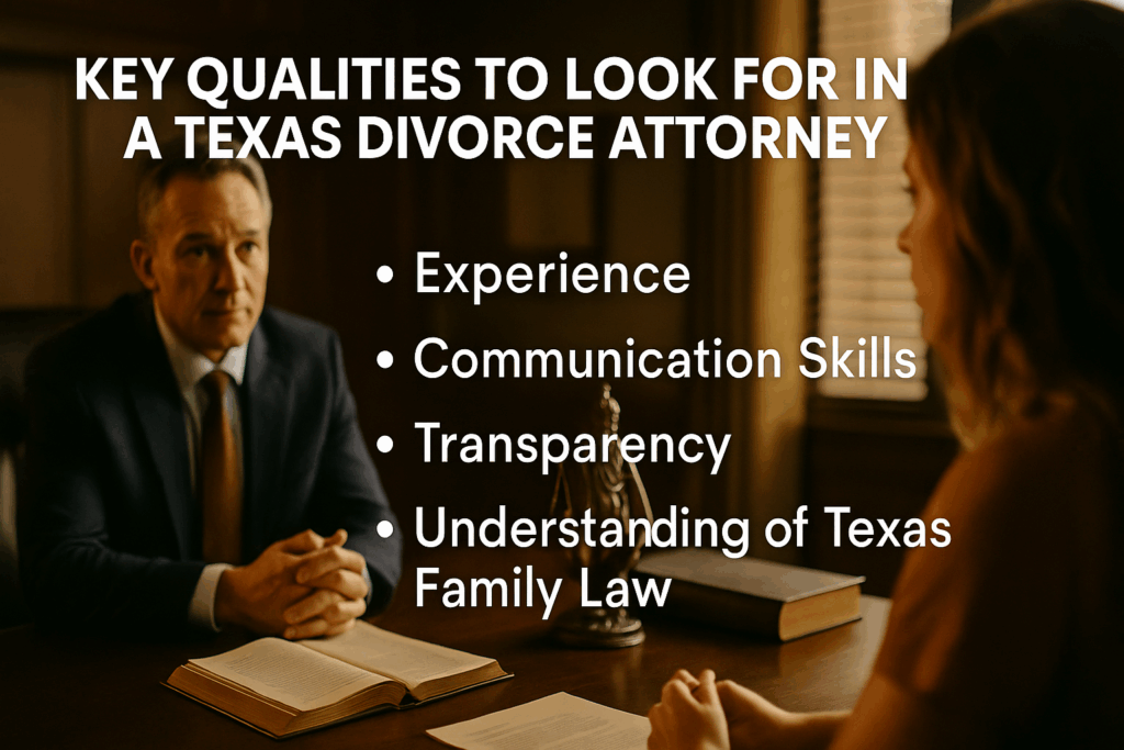A visual representation of key qualities to look for in a Texas divorce attorney, such as experience and communication skills.
