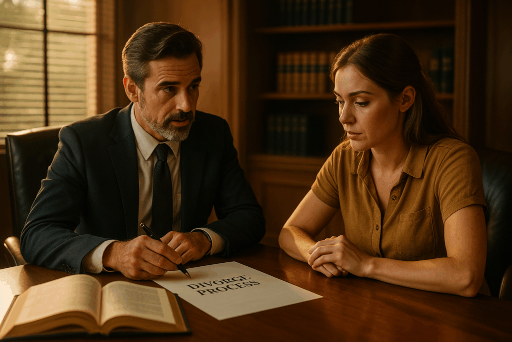 An attorney explaining the divorce process to a client.