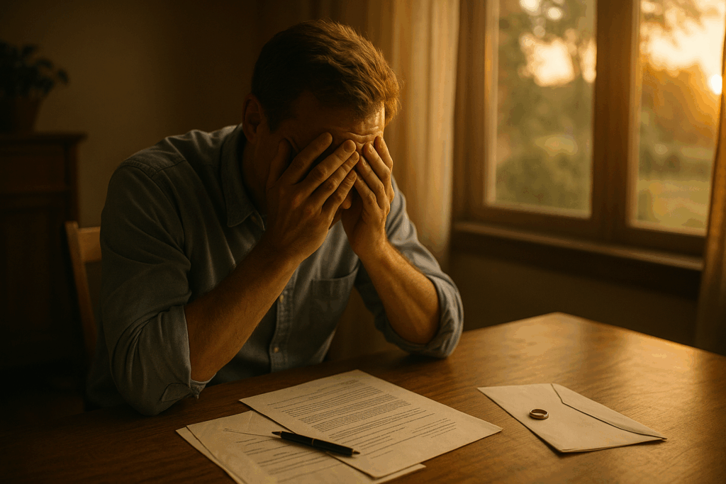 An emotional scene showing a person struggling with decision-making during a divorce, representing the emotional challenges involved. Common Mistakes in Texas Divorce