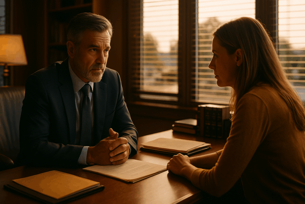 An experienced family law attorney discussing divorce matters with a client.