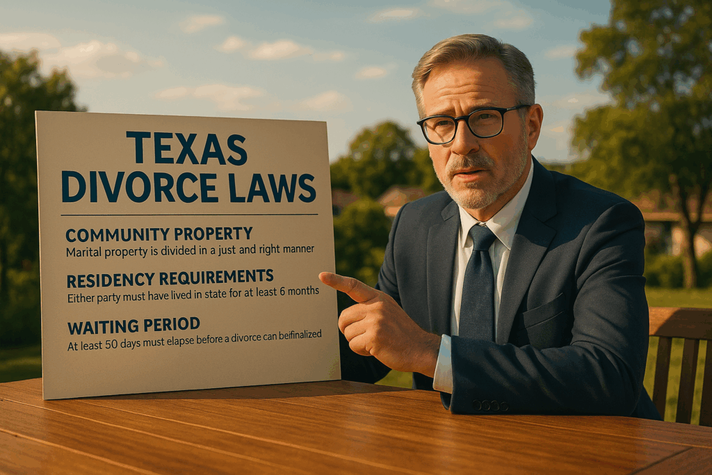 An overview of Texas-specific divorce laws being explained by a legal expert.