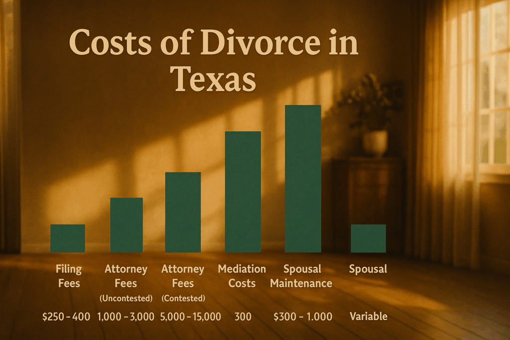 An overview of costs associated with divorce in Texas, represented graphically.