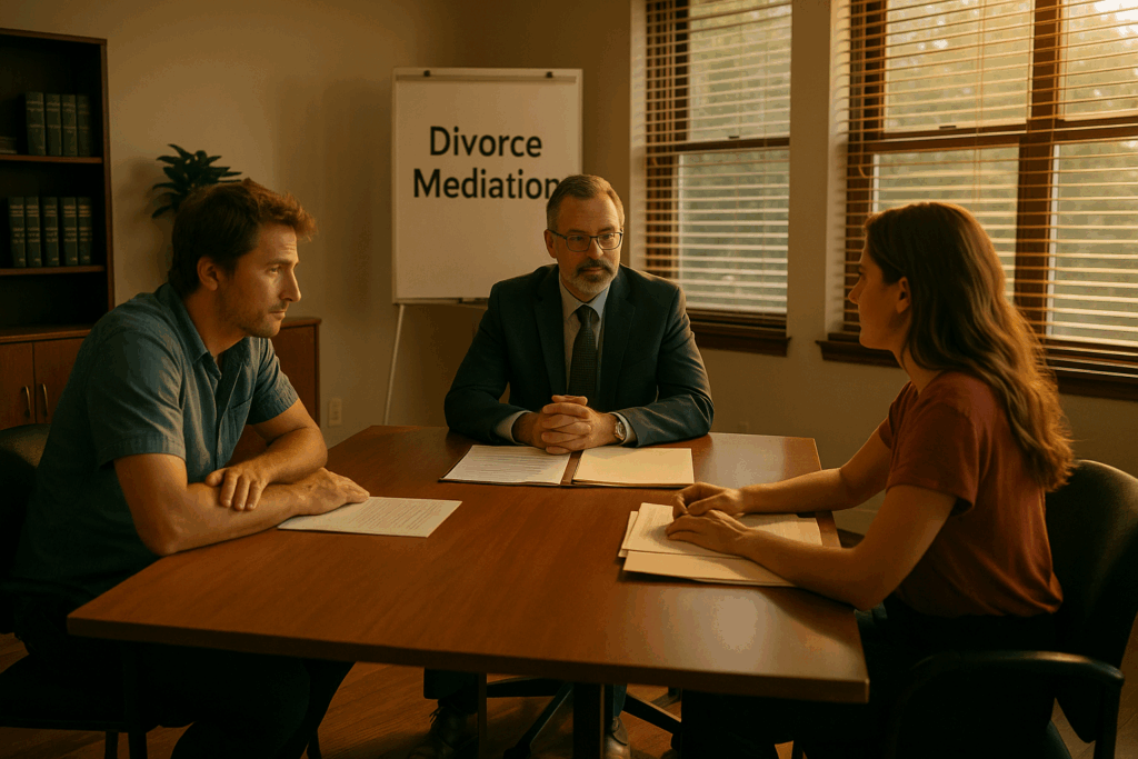 An overview of divorce mediation in Texas, showcasing a mediation session in progress.