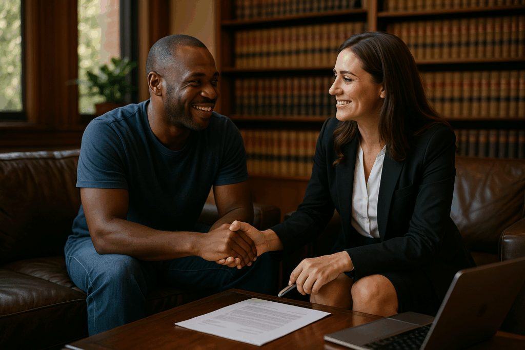 A smiling attorney and client shake hands across a table in a warmly lit law office. The client, a casually dressed man, appears relaxed and confident, while the attorney, wearing a black blazer, holds a pen and listens attentively. Legal documents and a laptop rest on the table between them, with bookshelves and large windows in the background.
