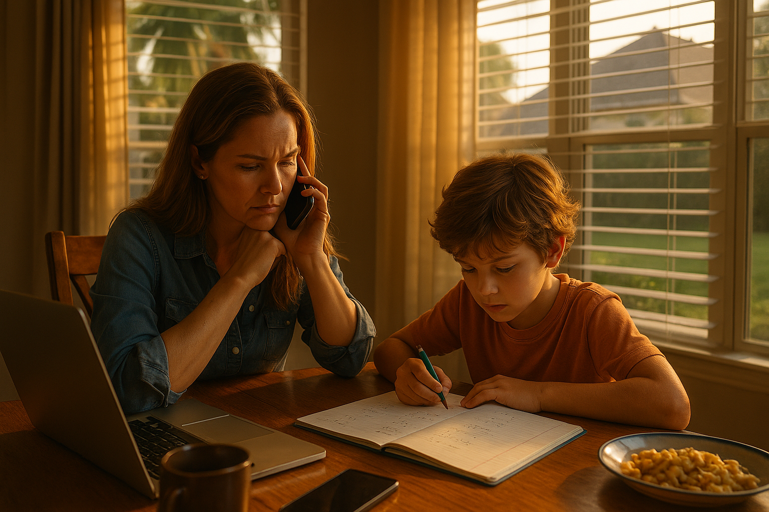 A mother helps her son with math homework at the dining table while talking on the phone, illustrating the emotional balance of parenting during divorce.