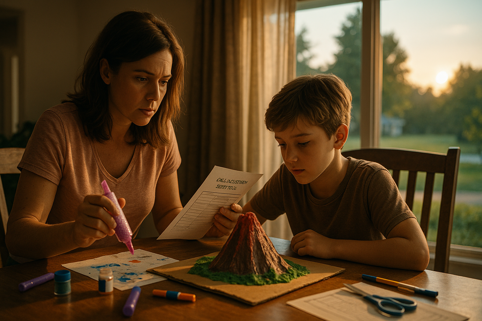A mother and son working on a school science project at home, surrounded by glitter and papers, symbolizing parenting during divorce.