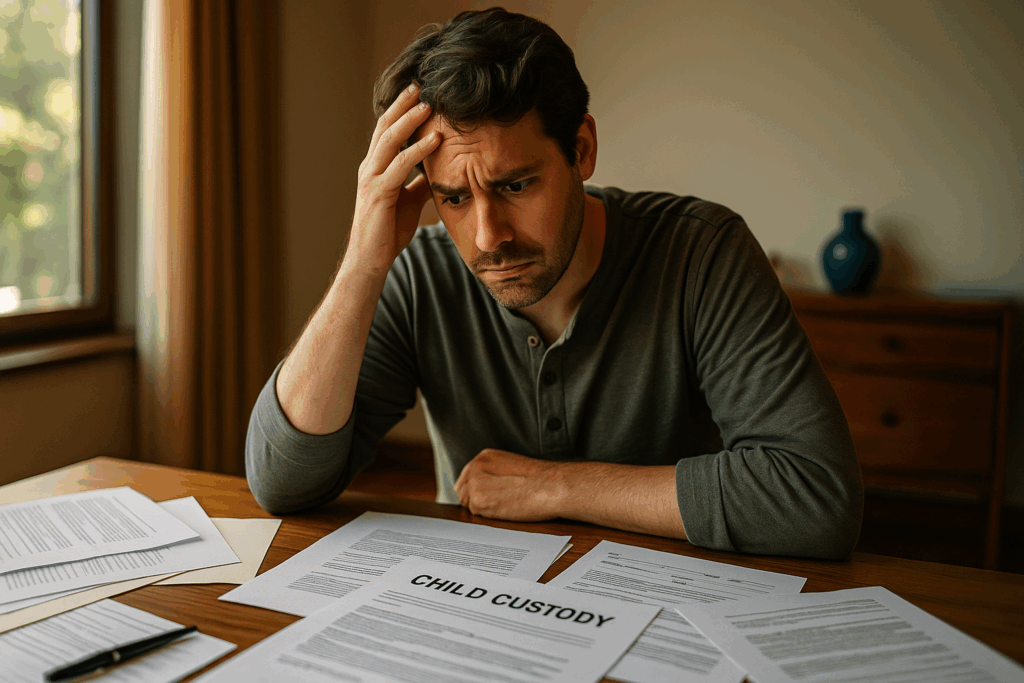 Common mistakes in filing custody cases illustrated with paperwork and a confused parent.