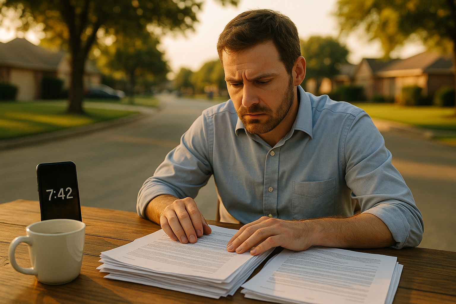 A man in a light blue shirt sits at an outdoor table on a quiet suburban street at 7:42 a.m., studying legal documents with a focused expression. A cup of coffee, smartphone, and a stack of papers reflect the theme of Division of Asets in Texas Divorce, capturing the stress and planning often involved in early morning legal preparation.