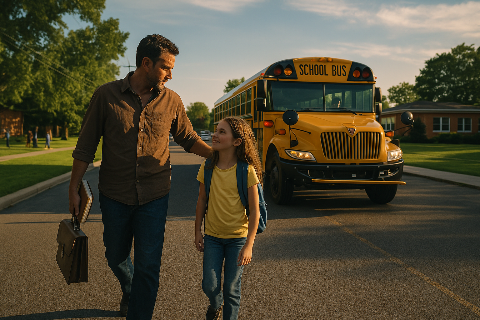 Father and daughter walking together toward a school bus on a sunny afternoon, symbolizing navigating custody issues and education during a Texas divorce.