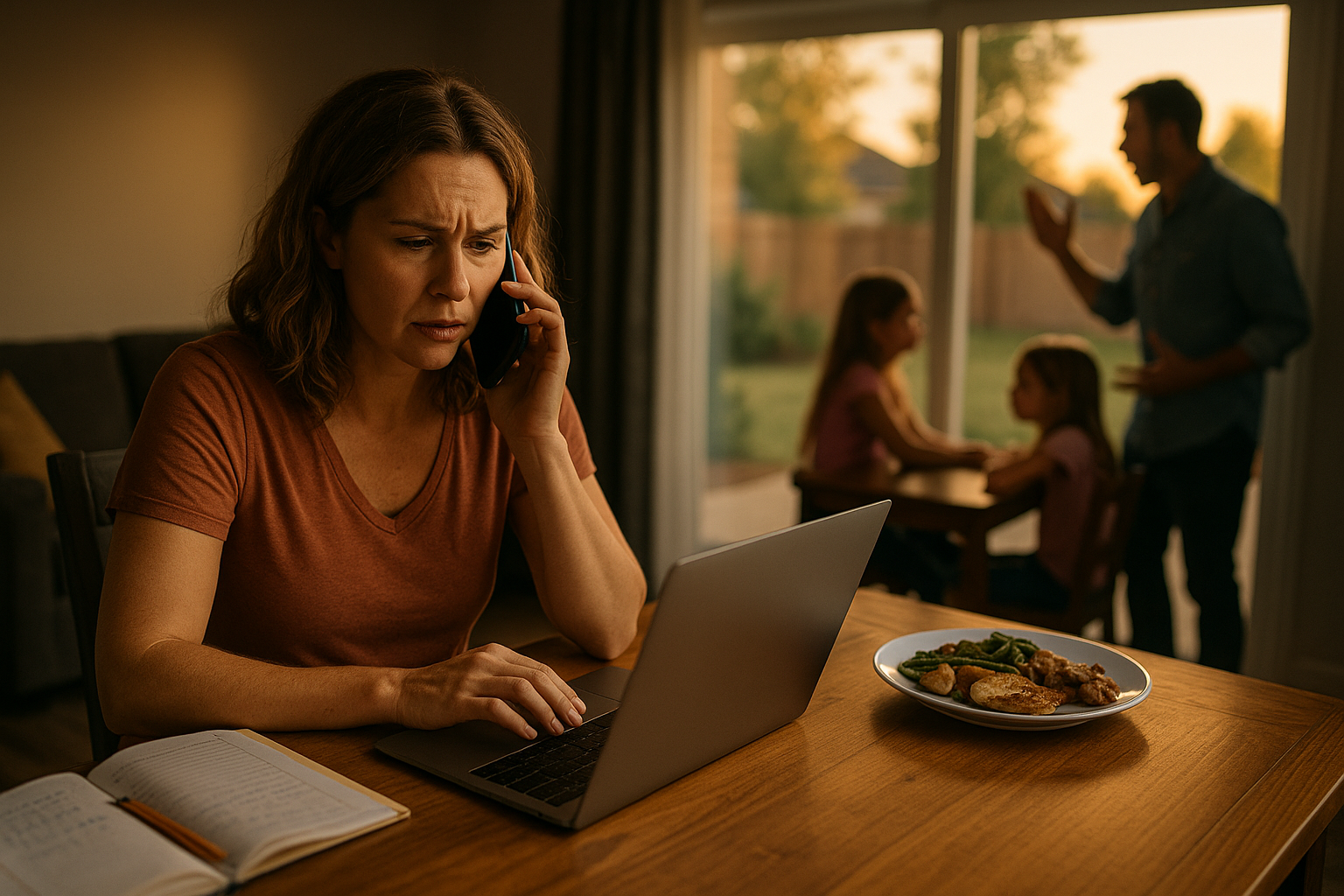 Stressed mother multitasking with work, phone call, and helping child with homework during a tense family dinner at sunset.