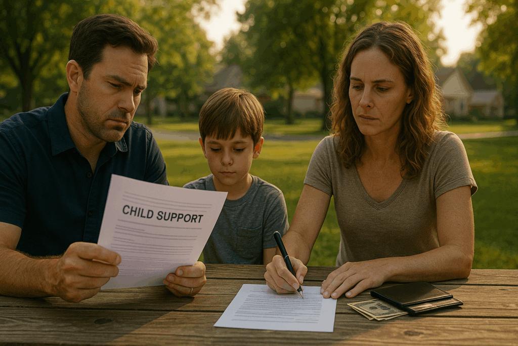 A mother and father sit at a wooden picnic table in a suburban park during late afternoon, reviewing child support documents. The father holds a paper labeled “CHILD SUPPORT” while the mother signs another document, with a wallet and cash on the table. Their young son sits between them, looking down at the paperwork. The scene is lit by warm, golden sunlight, evoking a calm yet serious mood.