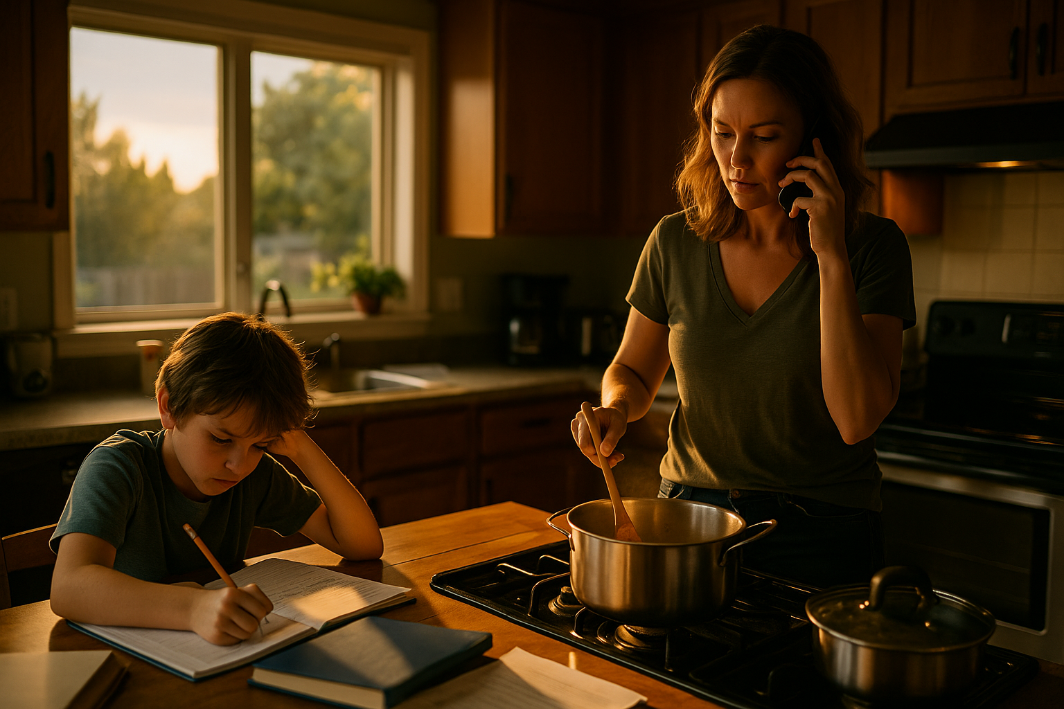 Mother helping child with homework in a warm kitchen at sunset while on the phone, capturing family life during divorce