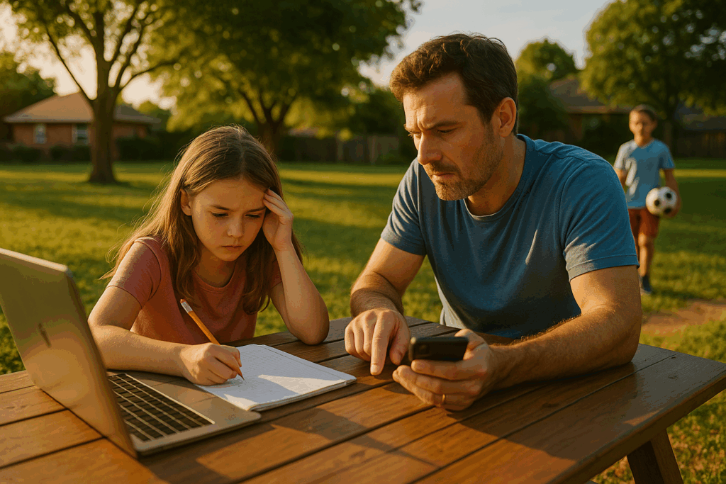 Father helping daughter with homework at a picnic table while texting, co-parenting during divorce, suburban summer evening