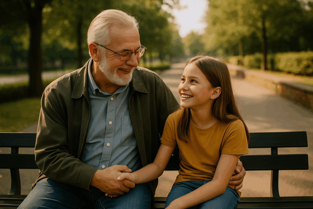An elderly man with white hair and a beard sits on a park bench holding hands with his smiling granddaughter. They share a joyful moment on a sunny afternoon, surrounded by trees and a paved park path, with warm summer light enhancing the peaceful atmosphere.