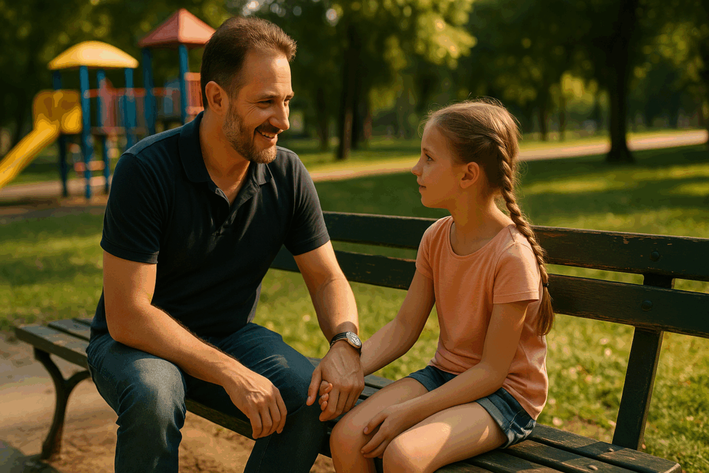 A father and daughter sit together on a park bench during a sunny summer afternoon. The father smiles warmly at his daughter as they hold hands and talk. Behind them, colorful playground equipment and lush green trees create a peaceful, family-friendly atmosphere.