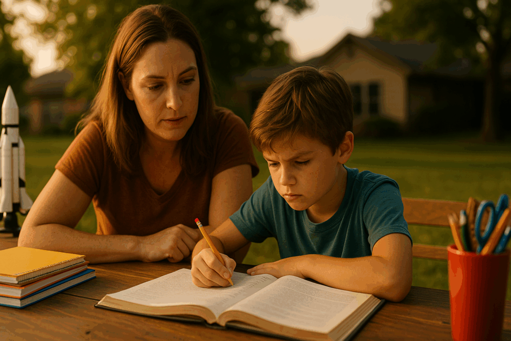 A mother helps her son with homework at an outdoor table, capturing the challenge of shared custody and school responsibilities during divorce.