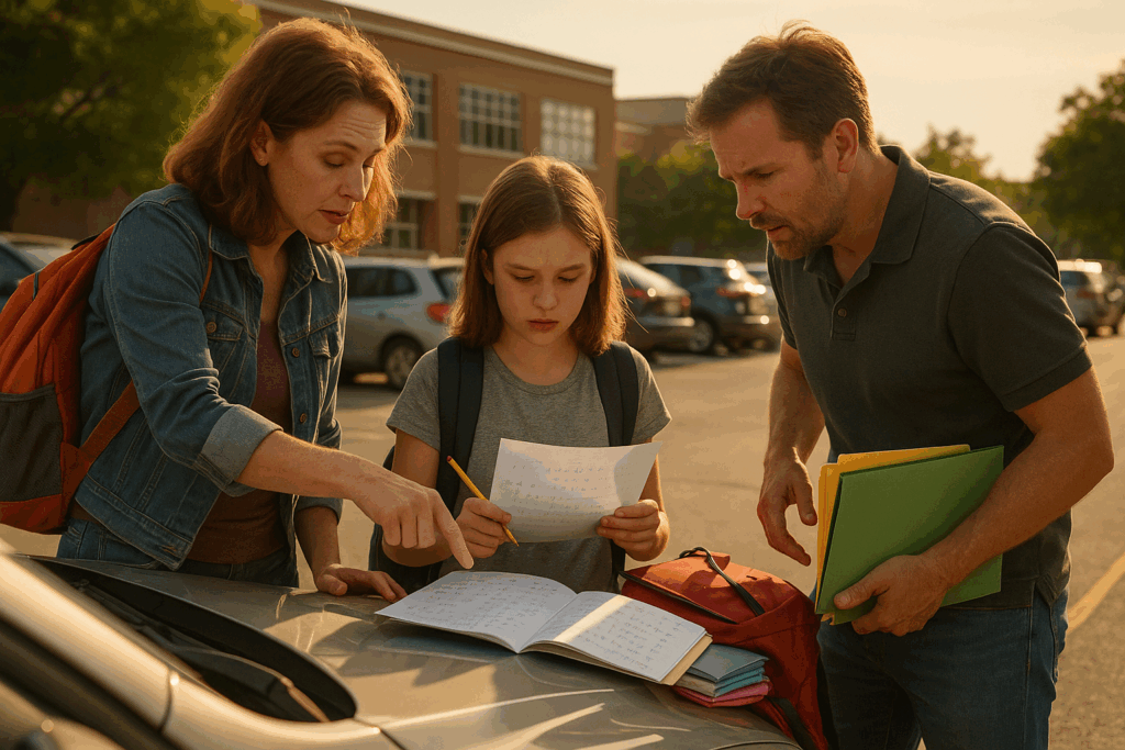 Parents helping child with math homework during a custody handoff in a Texas school parking lot, symbolizing emotional and academic challenges of divorce.