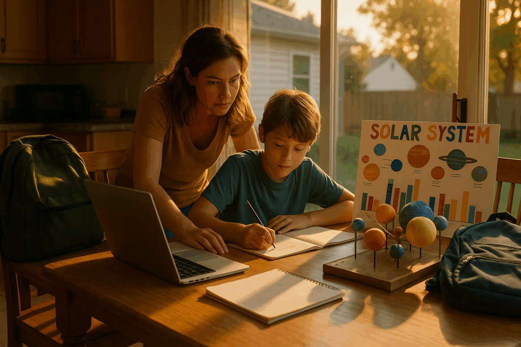 Mother helping her son with a solar system science project at a kitchen table, symbolizing co-parenting and academic support.