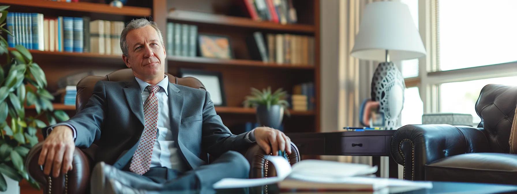 a professional texas divorce attorney sits confidently in a modern office, surrounded by legal books and documents, as they engage in a focused consultation with a client, conveying expertise and reassurance in a high-stakes situation.