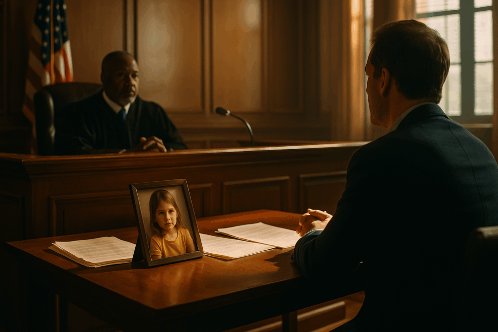 a focused courtroom scene with a judge presiding, a concerned parent presenting their case, and a child’s picture displayed prominently on the table, conveying the serious emotions and complexities surrounding child custody and support decisions in texas.