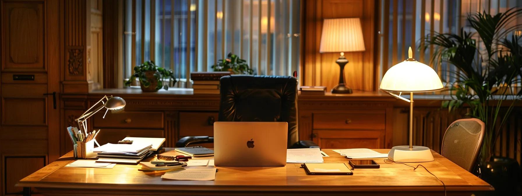 a focused office scene features a neatly arranged desk with legal documents and a laptop, illuminated by soft artificial lighting, symbolizing the meticulous steps involved in the texas divorce process.