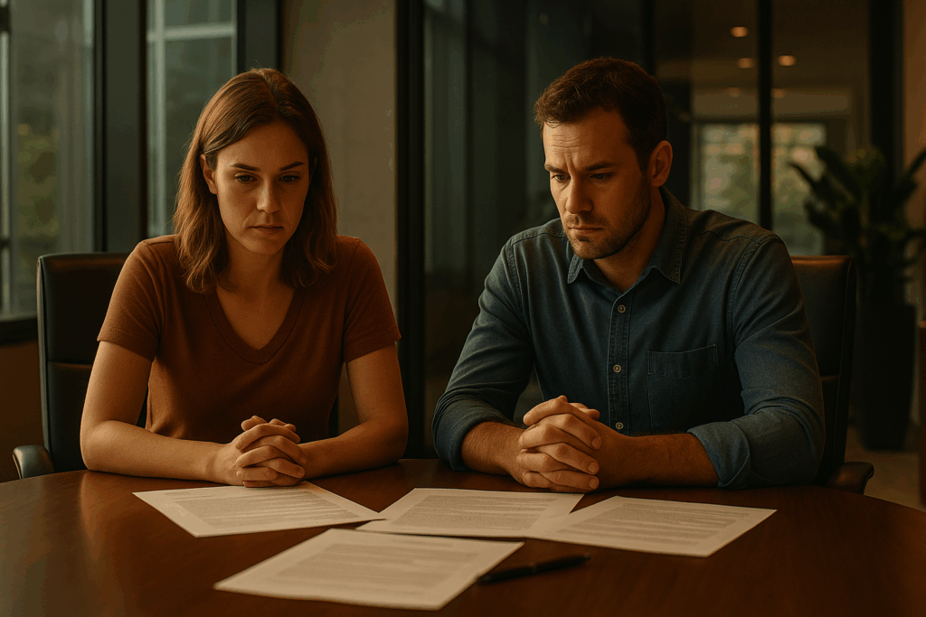 a focused scene in a modern office setting shows a thoughtful couple seated at a conference table with legal documents spread out before them, illustrating the serious discussion about temporary orders during their divorce process.
