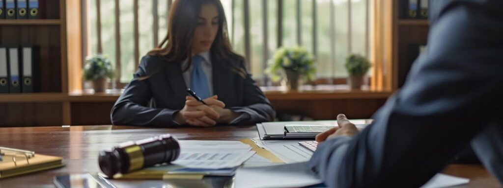 a focused texas divorce attorney sits at a modern office desk, surrounded by legal documents and a laptop, intently discussing child custody laws with a client, conveying professionalism and empathy through a well-lit, serious indoor setting.