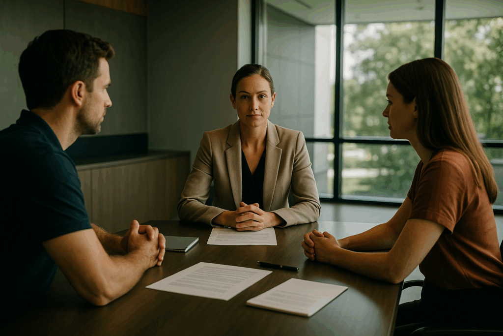 a professional mediation session is underway in a sleek, modern conference room, featuring a calm atmosphere with a neutral third party guiding two individuals seated across from each other, engaged in focused discussion and negotiation.