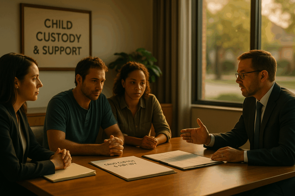 a professional, modern office meeting room showcases a focused discussion among diverse parents and legal advisors, emphasizing the serious and collaborative aspects of navigating child custody and support in texas divorces.