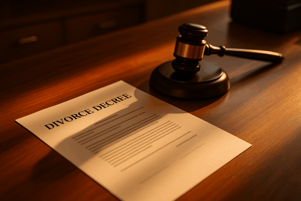a solemn office setting features a neatly arranged desk with a divorce decree prominently displayed alongside a gavel, symbolizing the finalization of a texas divorce, illuminated by warm, focused lighting.