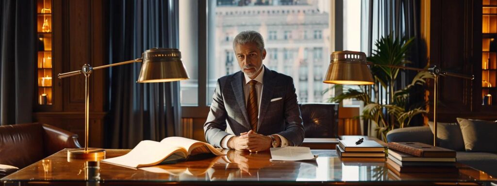 a confident and professional lawyer stands in a sleek, modern office, surrounded by legal books and documents, exuding authority while discussing child custody matters with a client seated across the polished desk, all illuminated by warm, focused lighting.
