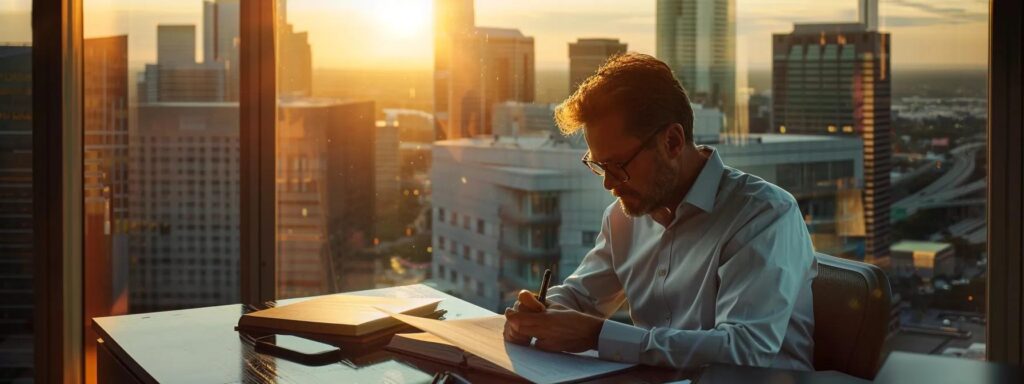 a focused attorney sits at a modern office desk, reviewing detailed custody documents, with a large window displaying a city skyline, emphasizing the seriousness and complexity of texas child custody laws for divorcing parents.