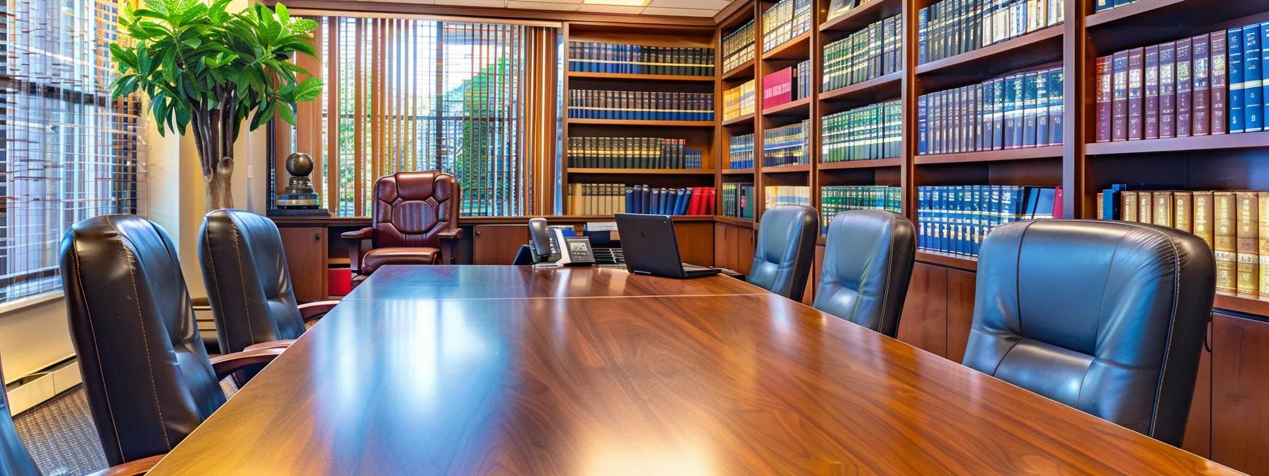 a modern, professional law office features a polished conference table surrounded by legal books and documents, symbolizing the complexities of texas child custody laws for parents.