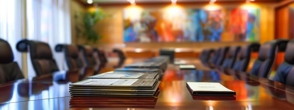 a polished conference room set up for a family law negotiation, featuring a large, elegant table, abstract artwork on the walls, and a soft, focused spotlight illuminating a stack of informative brochures on custody agreements.