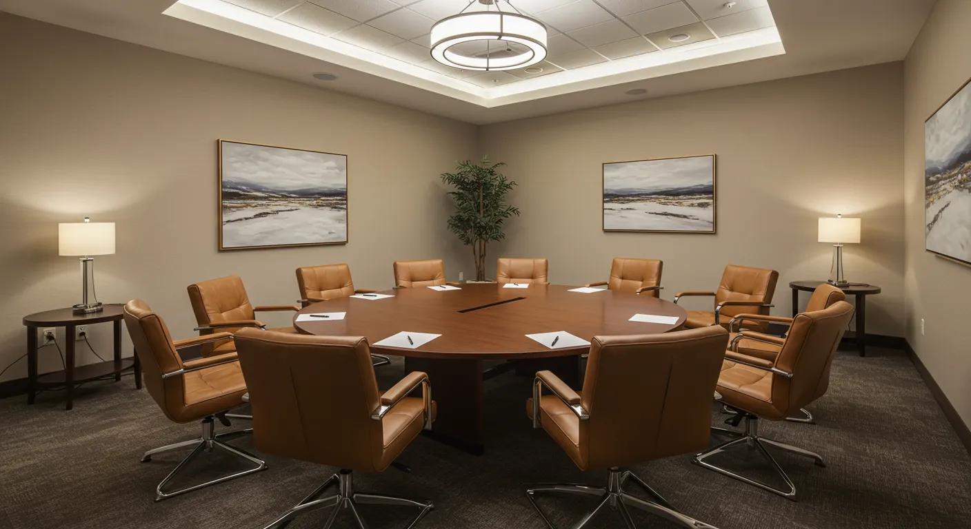a serene and professional mediation room in texas, featuring a round table surrounded by comfortable leather chairs, soft ambient lighting, and calming decor, symbolizing a harmonious atmosphere conducive to constructive dialogue during divorce mediation. a serene and professional mediation room in texas, featuring a round table surrounded by comfortable leather chairs, soft ambient lighting, and calming decor, symbolizing a harmonious atmosphere conducive to constructive dialogue during divorce mediation.